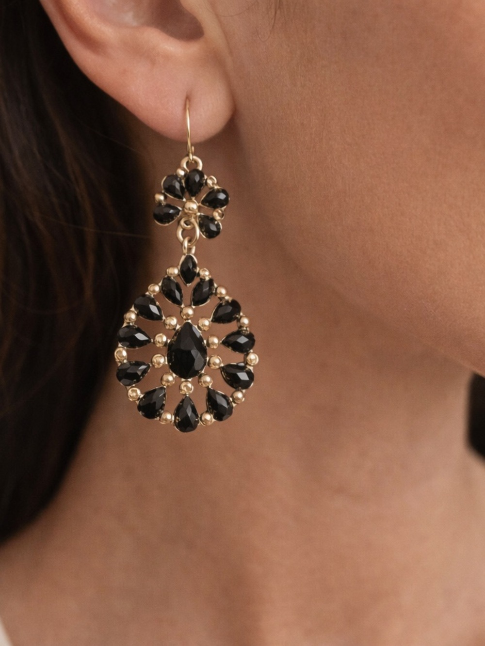 Gold Drop Earrings with Black Stones - Women's Jewelry